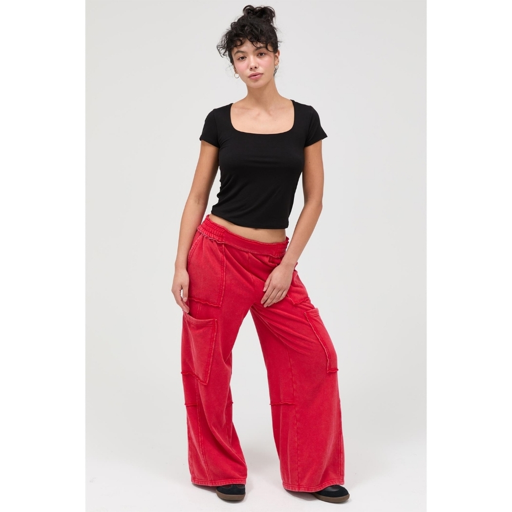 CloudDweller Red Mineral Washed Cotton Butter Soft Wide Leg Cargo Sweatpants - Picture 2 of 5